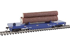 Walthers Trainline HO Scale Model Log Dump Car with 3 Logs - Ready to Run Alaska Railroad #17102 (Blue, Yellow Conspicuity Ma