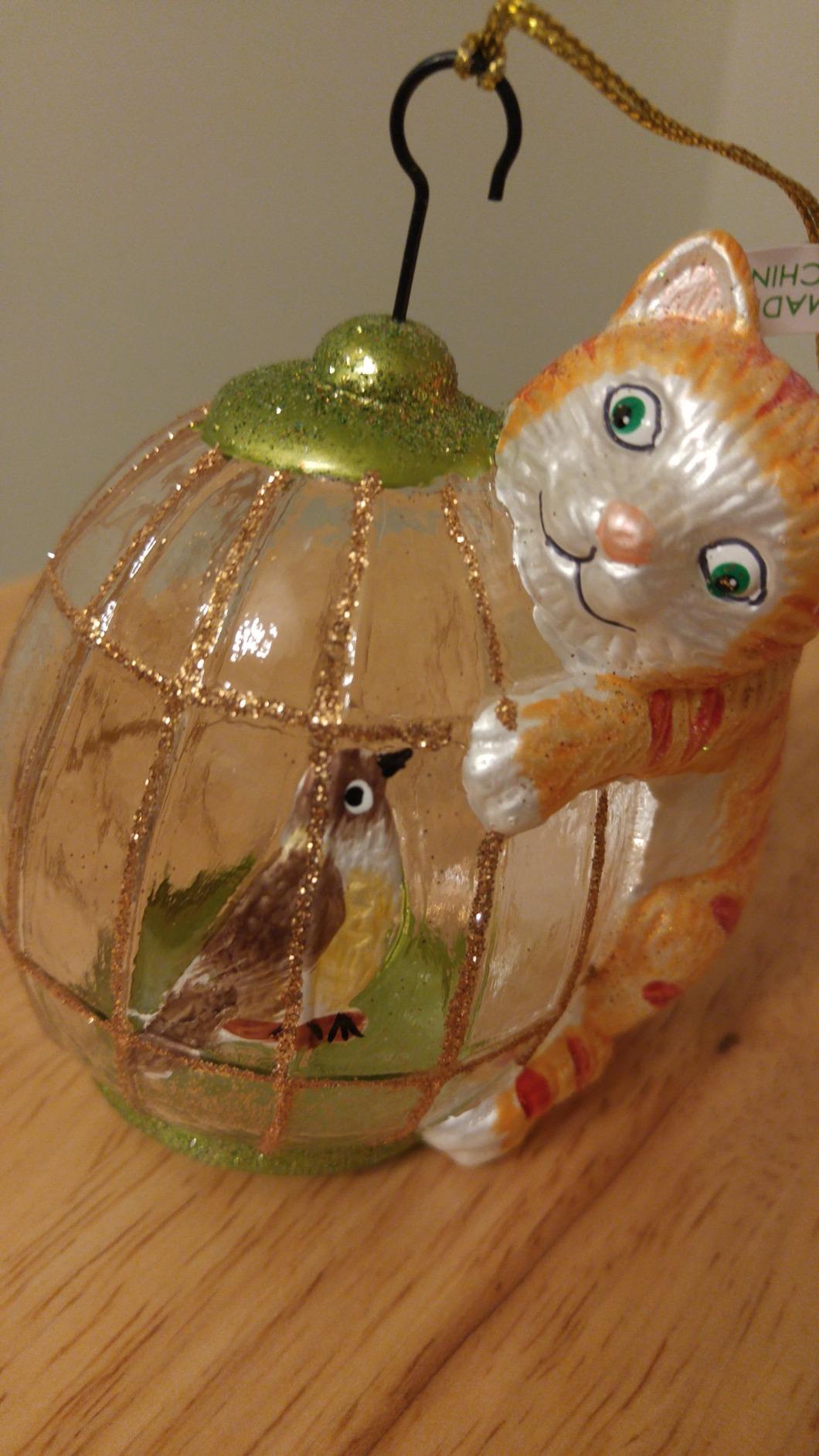 Cat on a Bird Cage Glass Christmas Ornament 4 Inches