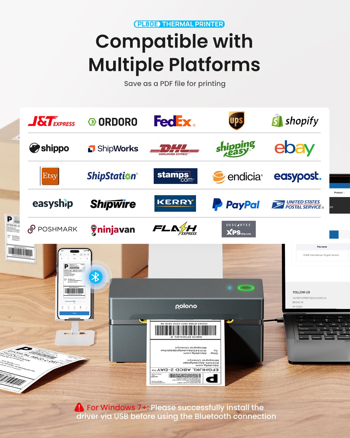 POLONO Bluetooth Thermal Shipping Label Printer, Wireless 4x6 Shipping Label Printer for Small Business, Support iOS, Android, Windows, Mac. Compatible with Amazon, Ebay, Shopify, Etsy, USPS (Grey)
