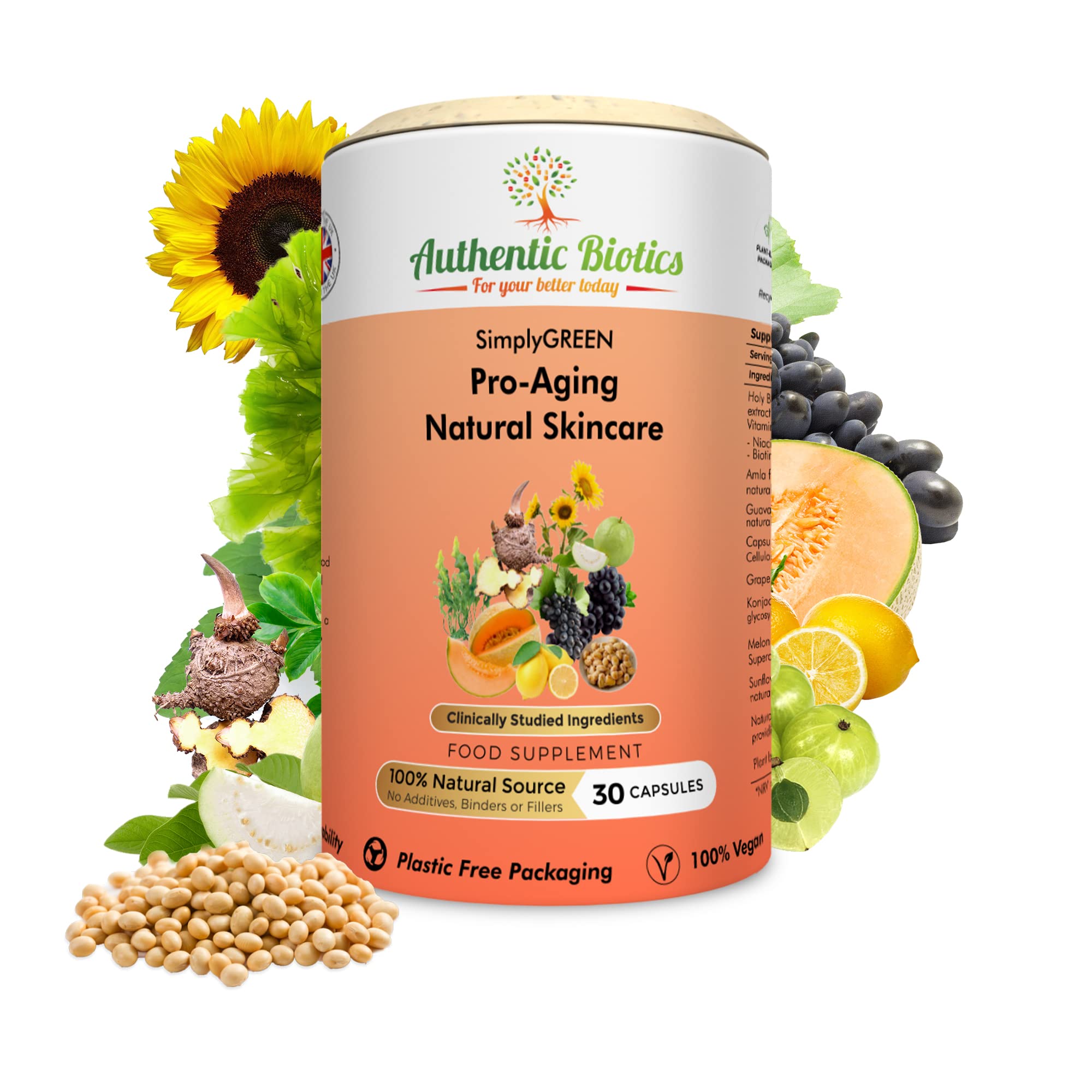 Authentic Biotics Vegan Collagen Booster – Konjac Root, Melon Extract (SOD) & Flavanols – Skin, Hair & Nail Support – 1 Month Supply – Plant-Based Supplement for Hydration, Firmness & Even Tone