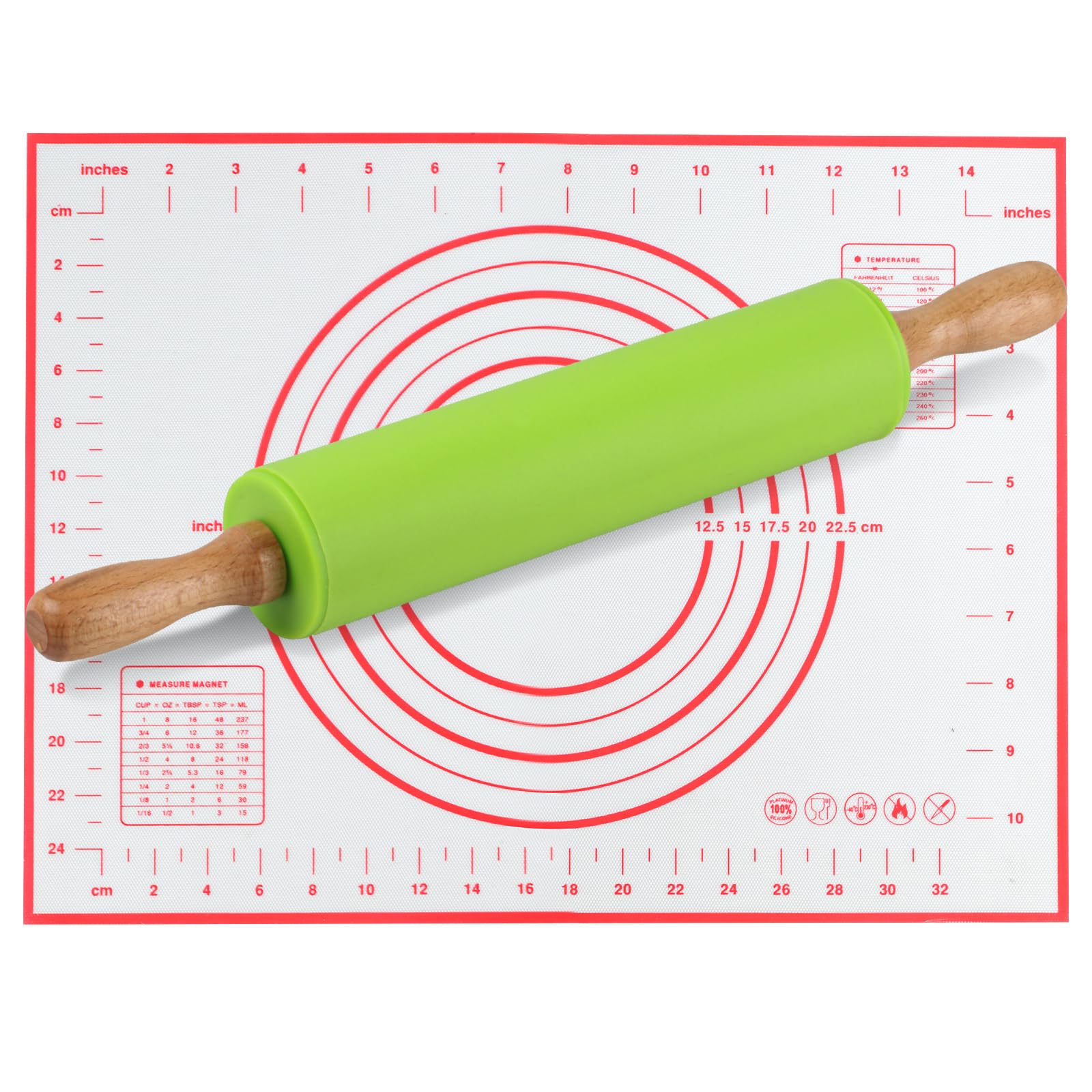 Silicone Rolling Pin, 12 Inch, Non Stick, Pastry Pizza Dough Roller with Silicone Baking Mat for Pizza Pasta Cookie Pie (Green)