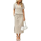 Glamaker Womens Skirt Sets 2 Piece Outfits 2025 Summer Casual Striped Short Sleeve Skirt And Top Set Travel Clothes