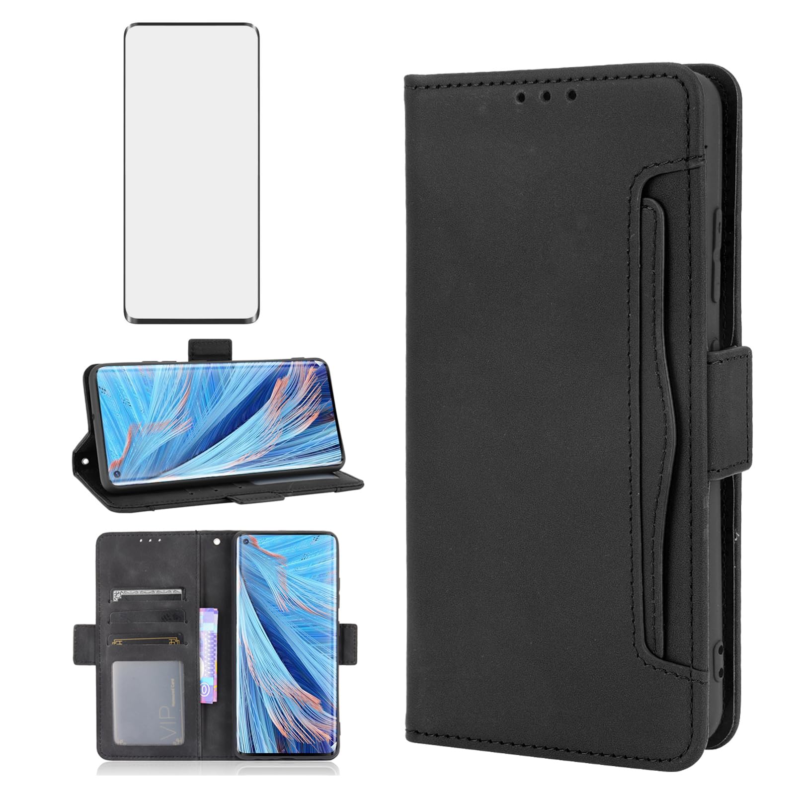 Asuwish Compatible with OPPO Find X2 Neo Wallet Case and Tempered Glass Screen Protector Card Holder Stand Leather Flip Cell Accessories Phone Cover for X 2 X2Neo FindX2 Women Men Black