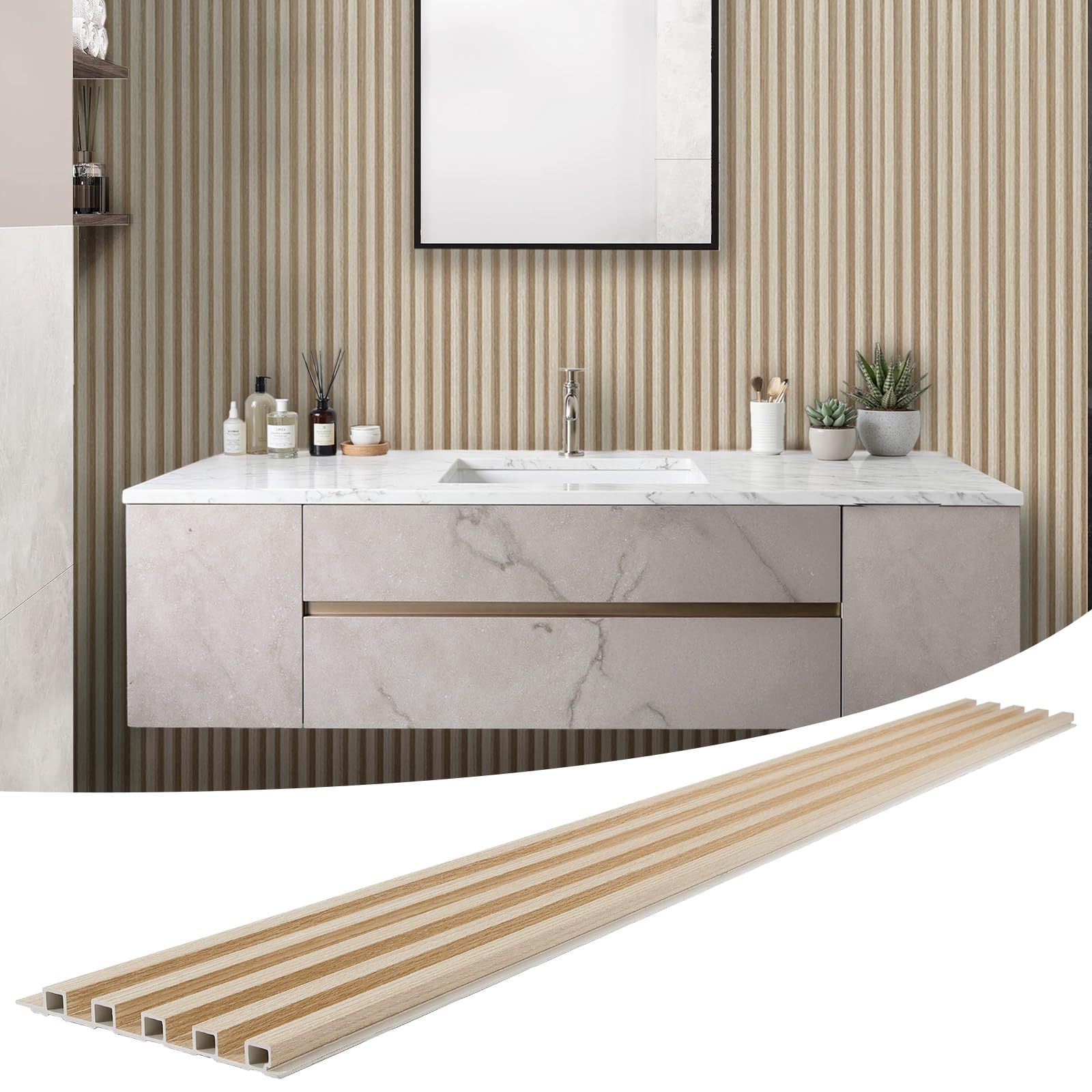 Photo 1 of LARWORKS WPC Slat Wall Panels 8 Pack 96" x 8.2", Waterproof Fluted Wall Paneling, Accent 3D Wall Panel for Wall Decor, Bathroom, Bedroom, Office - Widen High Grille Oak (Cover Approx.44 sq.ft)