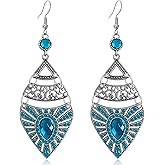 WUWEIJIAJIA Bohemian Style Retro Geometric Alloy Dangle Drop Earrings Ethnic Colored Rhinestone Hollow Dangle Drop Earrings