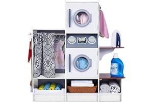 LIL' JUMBL Lil’ Jumbl Kids Washer and Dryer Playset, Wooden Children's Pretend Laundry Set, Includes Broom, Dustpan, Iron, Hangers & Basket, Realistic Laundry Room for Kids - White