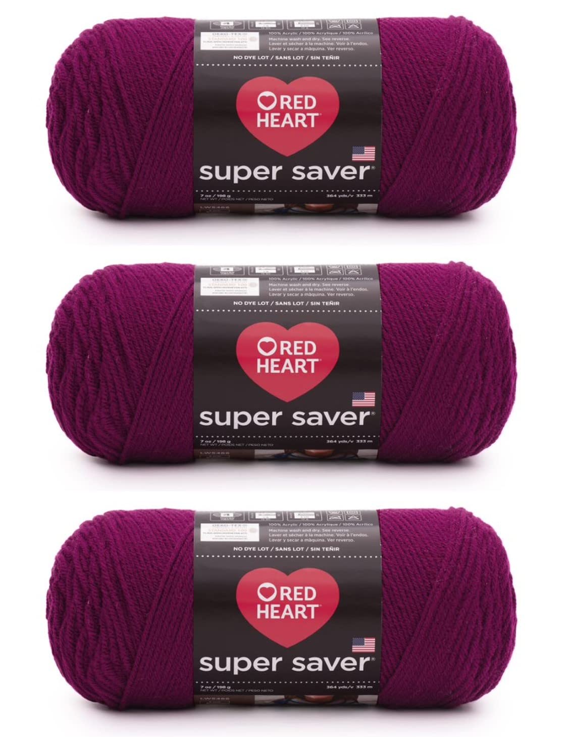 Red Heart Super Saver Pack of 3 - Mulberry - 7oz/198g - Acrylic - 4 Medium (Worsted) - 364 Yards - Knitting, Crocheting, Crafts & Amigurumi