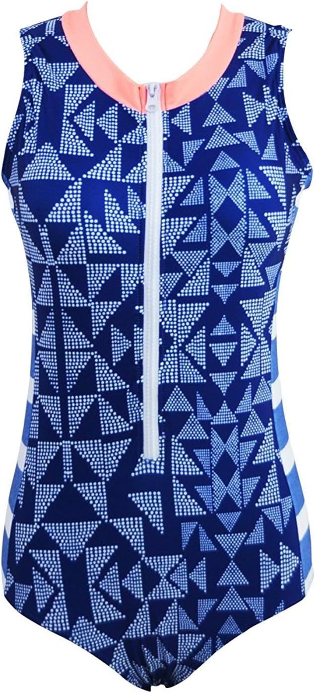 Womens Tribe Stripes Printing Rush Guard Zipper Sleeveless One Piece Swimsuits