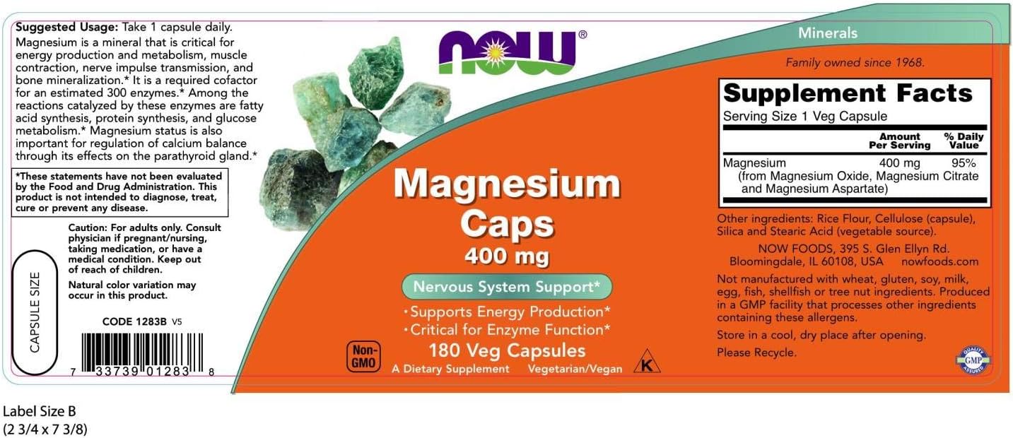 NOW Supplements, Magnesium 400 mg, Enzyme Function*, Nervous System Support*, 180 Capsules: Health & Personal Care