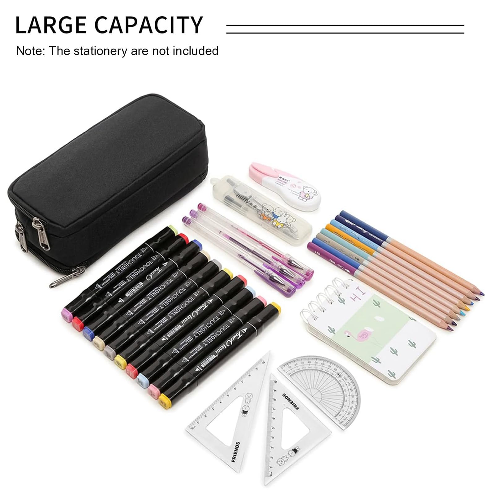 Della Gao Large Capacity Pencil Case, Aesthetic Pencil Pouch with 3 Compartments Nylon Storage Pen Bag Office Stationery Organizer for Women and Men- Black