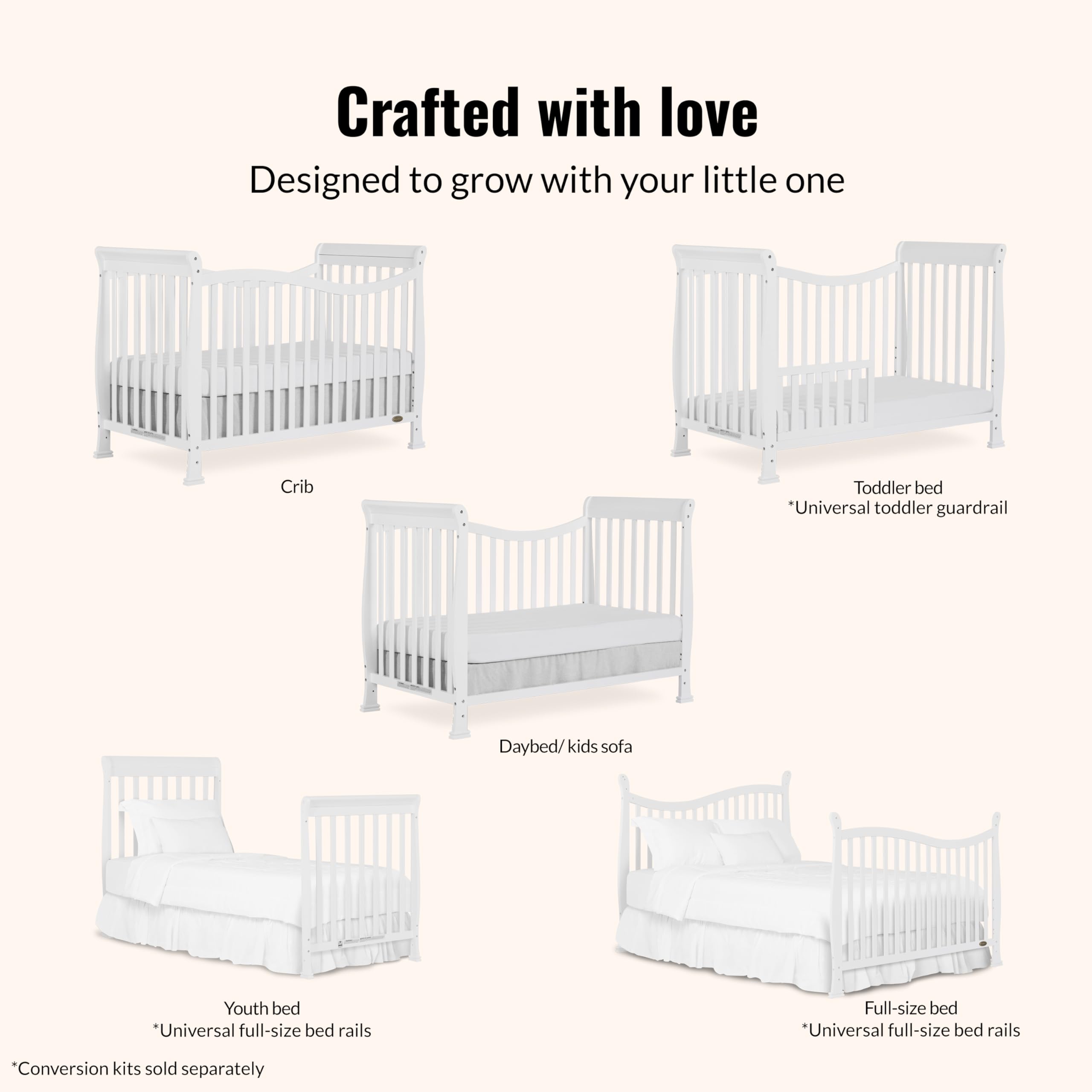 Dream On Me Violet 7-In-1 Convertible Life Style Crib In White, Greenguard Gold Certified, 4 Mattress Height Settings, Made Of Sustainable New Zealand Pinewood