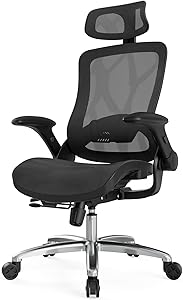 Hbada Ergonomic Office Chair, High-Back Executive Mesh Desk Chair, Height Adjustable Chair with Flip-Up Padded Armrest, Breathable Computer Chair with Adjustable Headrest and Lumbar Support, Black.