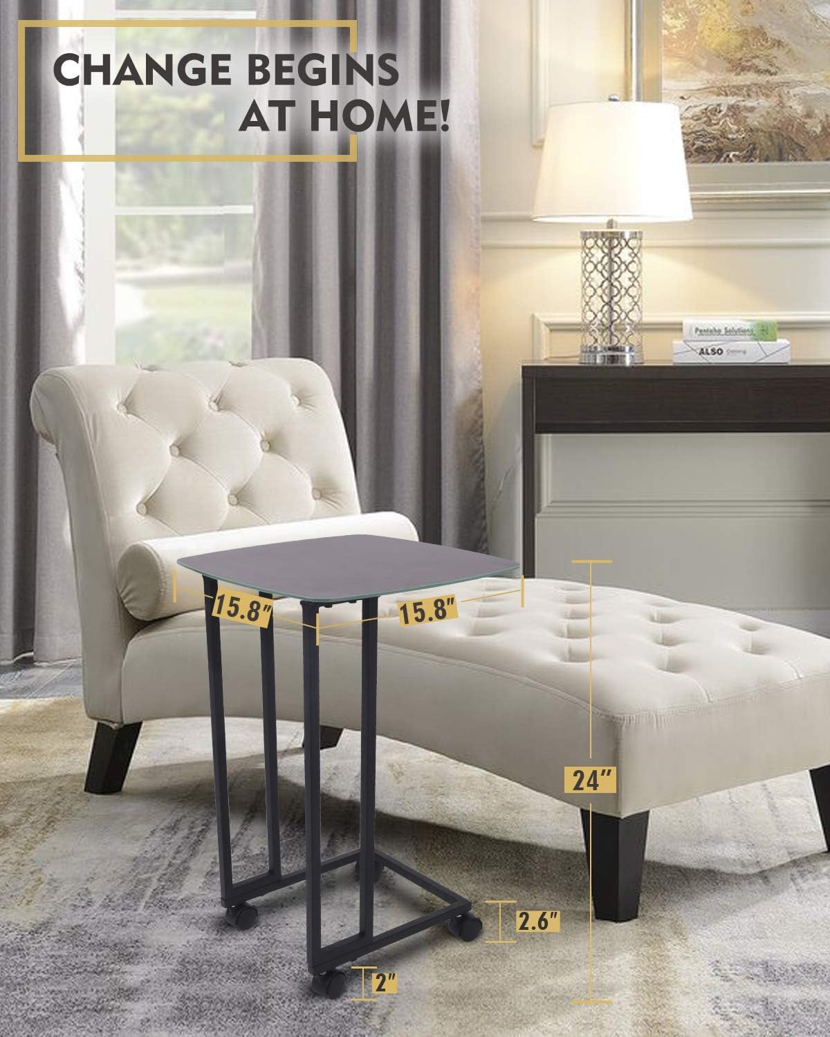 Modern End Table, Rolling C Shaped Side Table with Casters, Italian-Designed Tempered Glass Top, Weatherproof Outdoor & Indoor, Dark Gray Finish Coffee Table, Nightstand, TV Trays, ET220A-GY: Kitchen & Dining