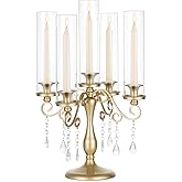 Sziqiqi Gold Candelabra Candle Holder: 5 Arm Vintage Candelabras Wedding Centerpieces for Table - Candlestick Candle Holders with Hurricane Glass for Table Centerpiece Christmas Party Event