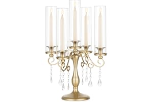 Sziqiqi Gold Candelabra Candle Holder: 5 Arm Vintage Candelabras Wedding Centerpieces for Table - Candlestick Candle Holders with Hurricane Glass for Table Centerpiece Christmas Party Event