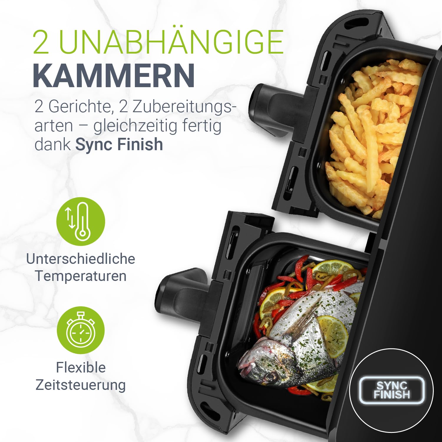 Juskys® Airfryer 9 L Doppelkammer - Heißluftfritteuse 2 Kammern, 9 Programme, beschichtet, XXL Fritteuse 2