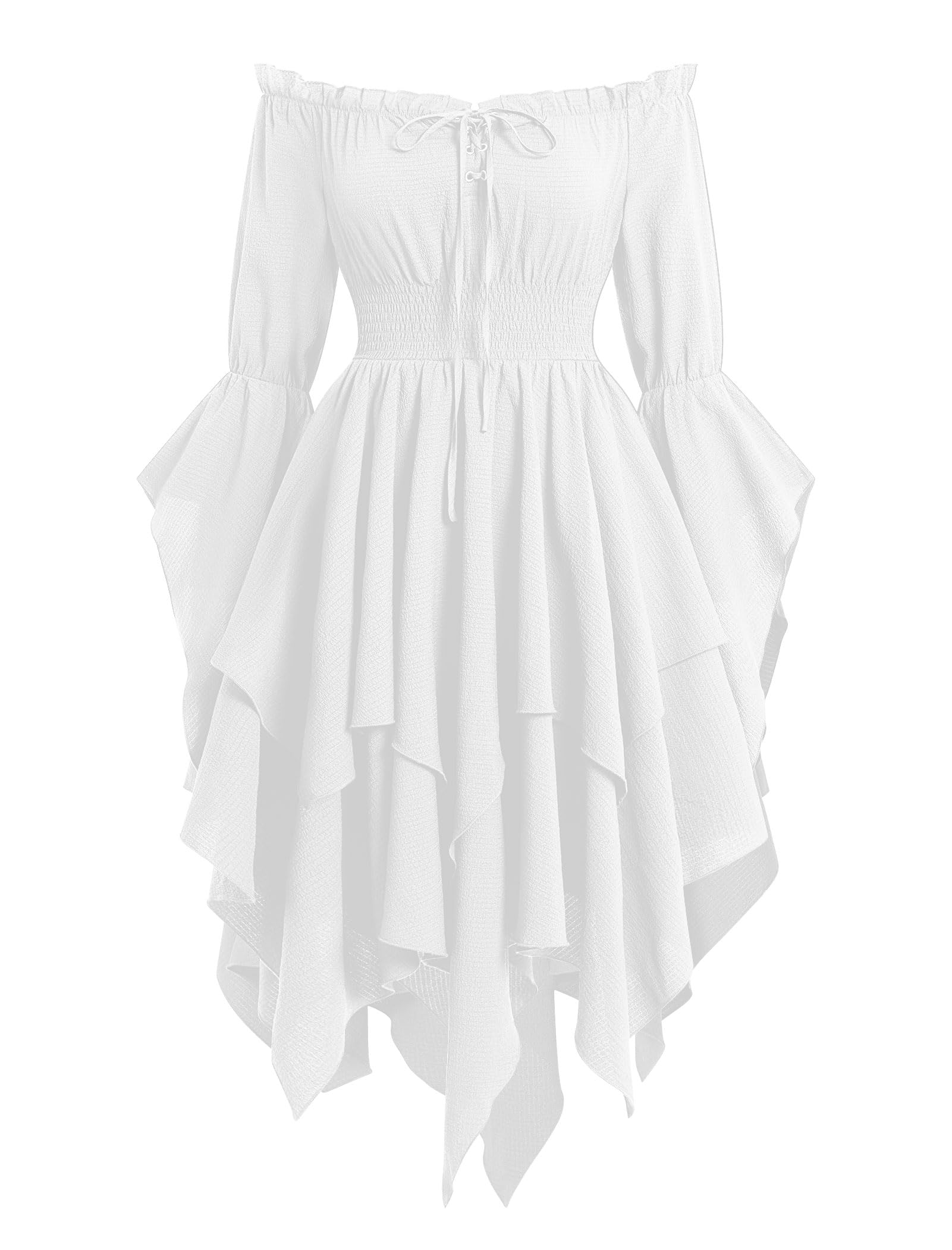 EFOGEP Womens Medieval Renaissance Dress Long Bell Sleeve Off Shoulder Asymmetry Hem Vintage Victorian Gothic Dresses for Costume Parties Festival Casual White L