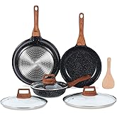 ESLITE LIFE Nonstick Ceramic Frying Pans Skillets Set with Lids, Non-Toxic Egg Omelette Kitchen Cooking Pans Compatible with All Stovetops (Gas, Electric & Induction), PTFE & PFOA Free (Black)