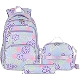 Rexmore 3Pcs Girls Backpack Set with Lunch Box & Pencil Case – Water-Resistant Flower Print Kids Backpack for Elementary, Middle School, Camping & Travel Gifts (Purple)