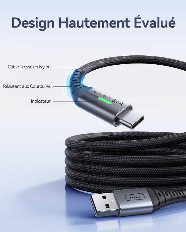 Câble USB C, QC Cable USB A vers USBC Charge Rapide [2m+2m+0.5m]