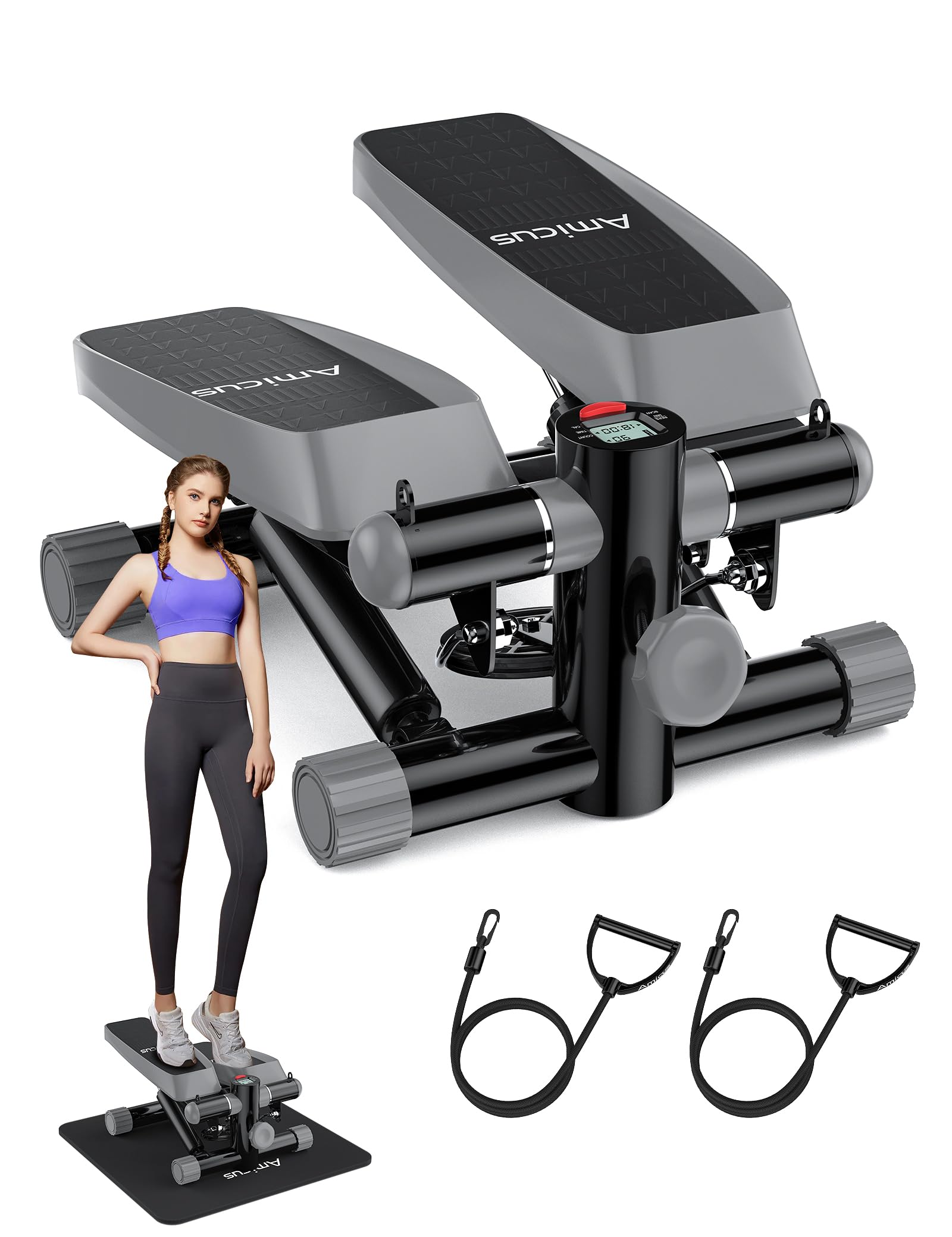 Photo 1 of Amicus Mini Stepper for Exercise, Stair Stepper with Resistance Bands, Hydraulic Fitness Stepper Exerciser Machine for Home, 330lbs Weight Capacity, Gray