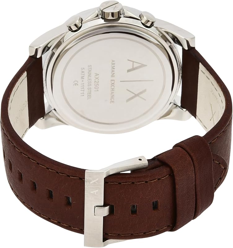Orologio da uomo, movimento cronografo al quarzo, cassa in acciaio inossidabile da 45 mm con cinturino in pelle, AX2501, Marrone e argento