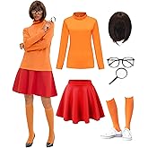 Oerinkend 6PCS Women's Halloween Costume Set - Brown Wig, Turtleneck Top, Skirt, Magnifying Glass, Socks, Glasses