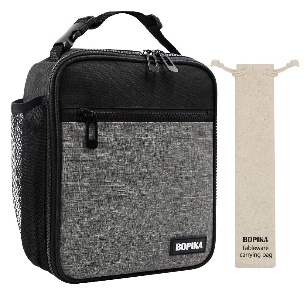 Insulated Lunch Bag, Bento Lunch Bag Thermal Cooler Meal Prep Lunch Bag with Portable Tableware Carrying Bag For Men &Women &Kids (Grey &Black)