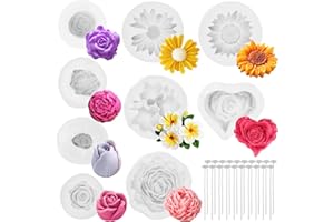 6/9 Pcs Flower Silicone Candle Mold Set with 20 Wick Pieces, Peony Rose Sunflower Tulip Design for DIY Soy Wax Beeswax Resin 
