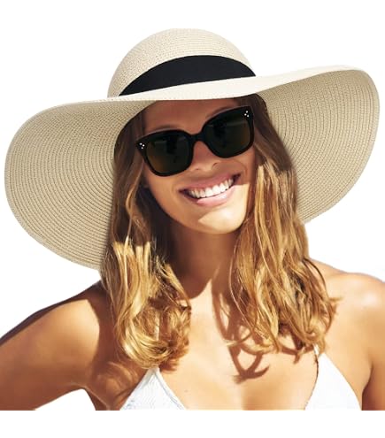 Luxury Divas Cream & White Ultra Wide Brim Straw Floppy Hat  display picture 2