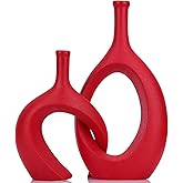Dark Red Unique Hollow Bud Vases Set of 2,Modern Snuggle and Huging Style Ceramic Vase for Pampas Grass,Living Room Decorations for Fireplace,Coffee Table Centerpiece,Mantle,Bookshelf Decor