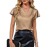 Sexyshine Women's Ruffle Sleeve Silk Blouse Tops V Neck Ruched Pleated Casual Business Work Satin Shirts