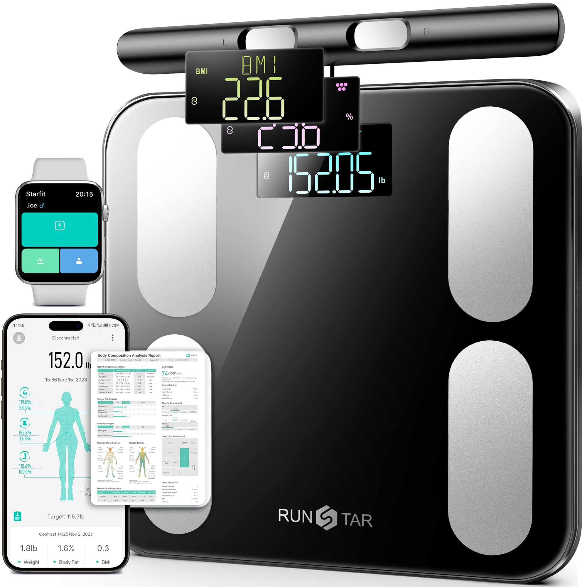 Photo 1 of Runstar Scale for Body Weight and Fat, BMI Muscle Mass to 28 Measurements, FSA&HSA Eligible Digital Bathroom Scales 8-Electrode with Voice Prompt High Accurate Bluetooth Weight Scale