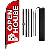 Open House Flag for Real Estate 8 ft, Outdoor Feather Flag Pole Kit with Ground Stake & Carry Bag, Single-Sided Real Estate Agent Open House Banner, Open House Signs for Realtors