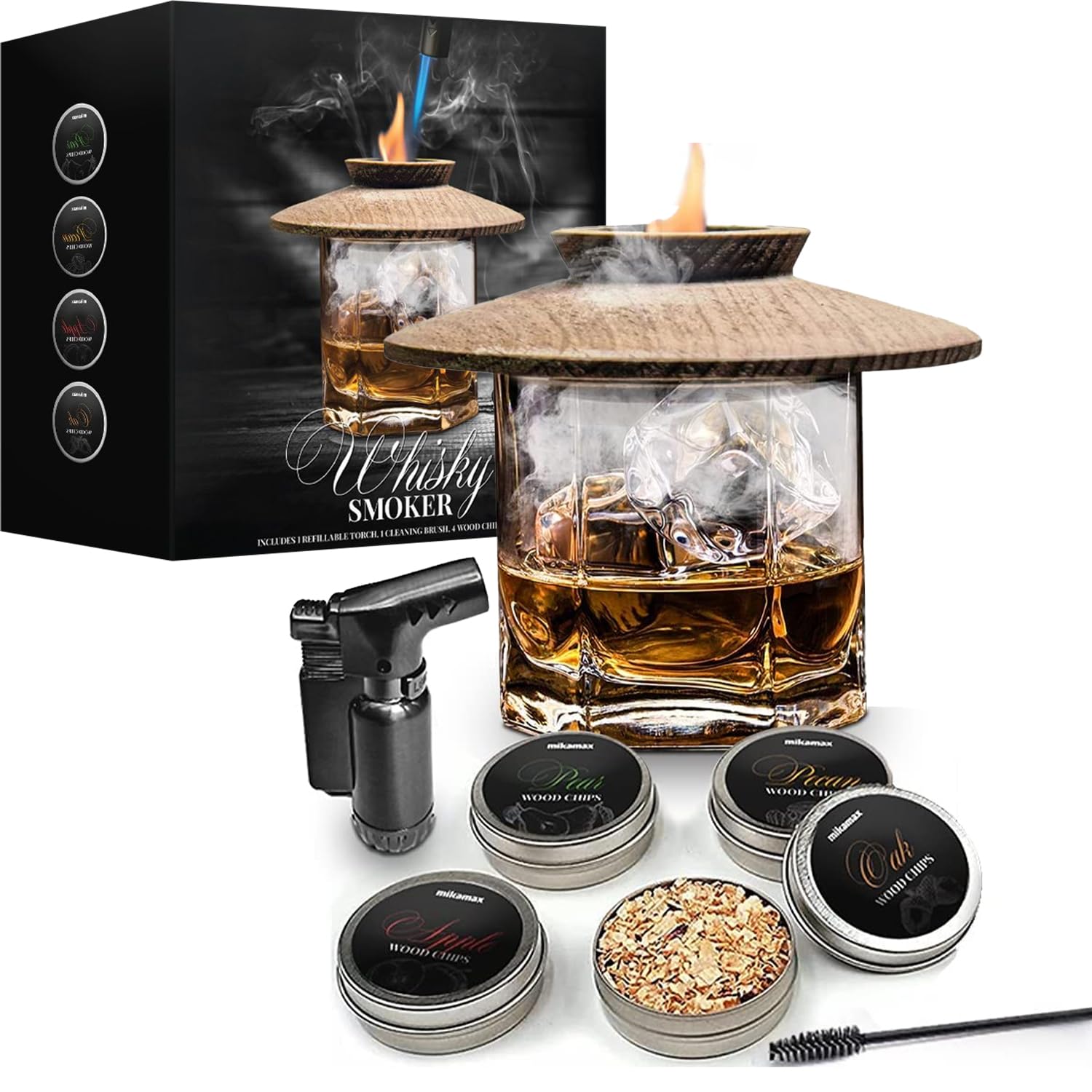 Mikamax Whiskey Smoker Set - Drink Smoker - Cocktail Smoker - Wood Chips for Smoking - Smoke Infuser - 4 Aromas - Including Jet Lighter