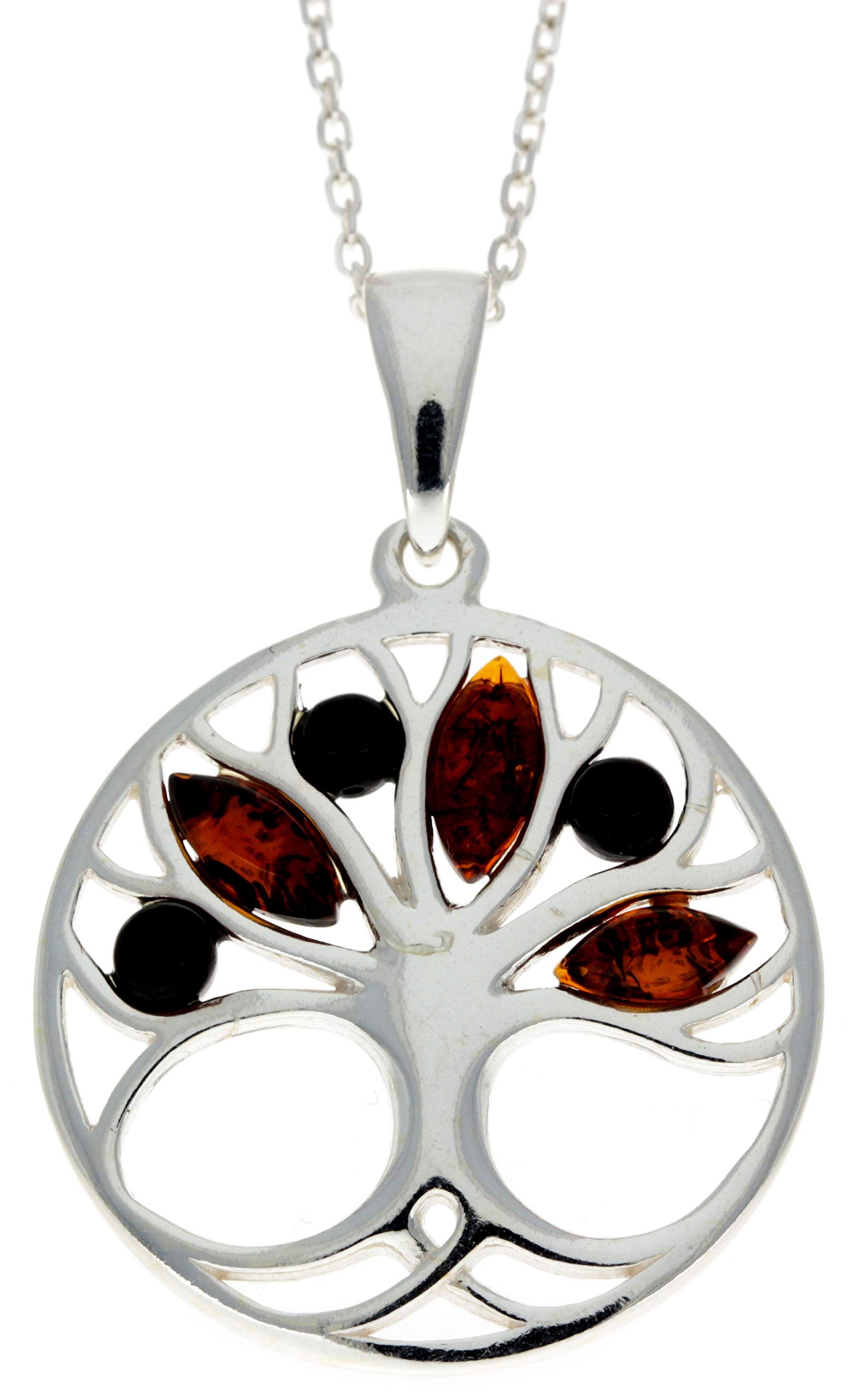 Genuine Mix Baltic Amber & Sterling Silver Round Tree of Life Pendant without Chain - GL363M