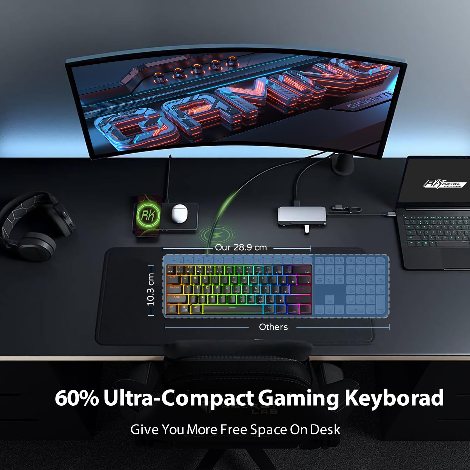 RK ROYAL KLUDGE RK61 Wired 60% Mechanical Gaming Keyboard Programmable QMK/VIA RGB Backlit 61 Keys Ultra-Compact Hot Swappable Red Switch Black