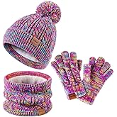 Kids Winter Hat Gloves Scarf Set,Girls Toddler Children Hats Beanie with Pom Knit Neck Warmer Gaiter Mittens Fleece Lined Set
