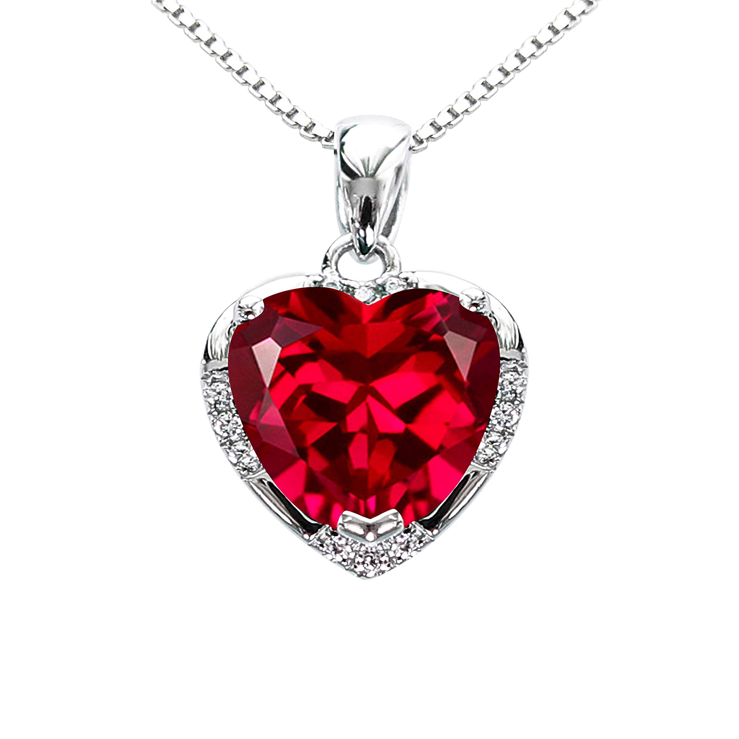 Hiqmic 925 Sterling Silver 5.5ct Love Heart shaped Ruby Zirconia Pendant Necklace White Gold Plated Fashion Jewelry Gift 18", WA92003
