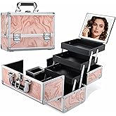 Faquenc Travel Makeup Case with LED Lighted Mirror - 11.6" Portable Makeup Organizer Box, Cosmetic Train Case with Detachable Brush Holder - Fluid Pink