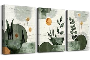 TTHYUEWS Boho Wall Art For Bedroom Canvas Wall Decor For Living Room Office Abstract Decorations Plant Wall Paintings Geometry Pictures Artwork Modern Bathroom Home Decor Ready To Hang 3 Piece