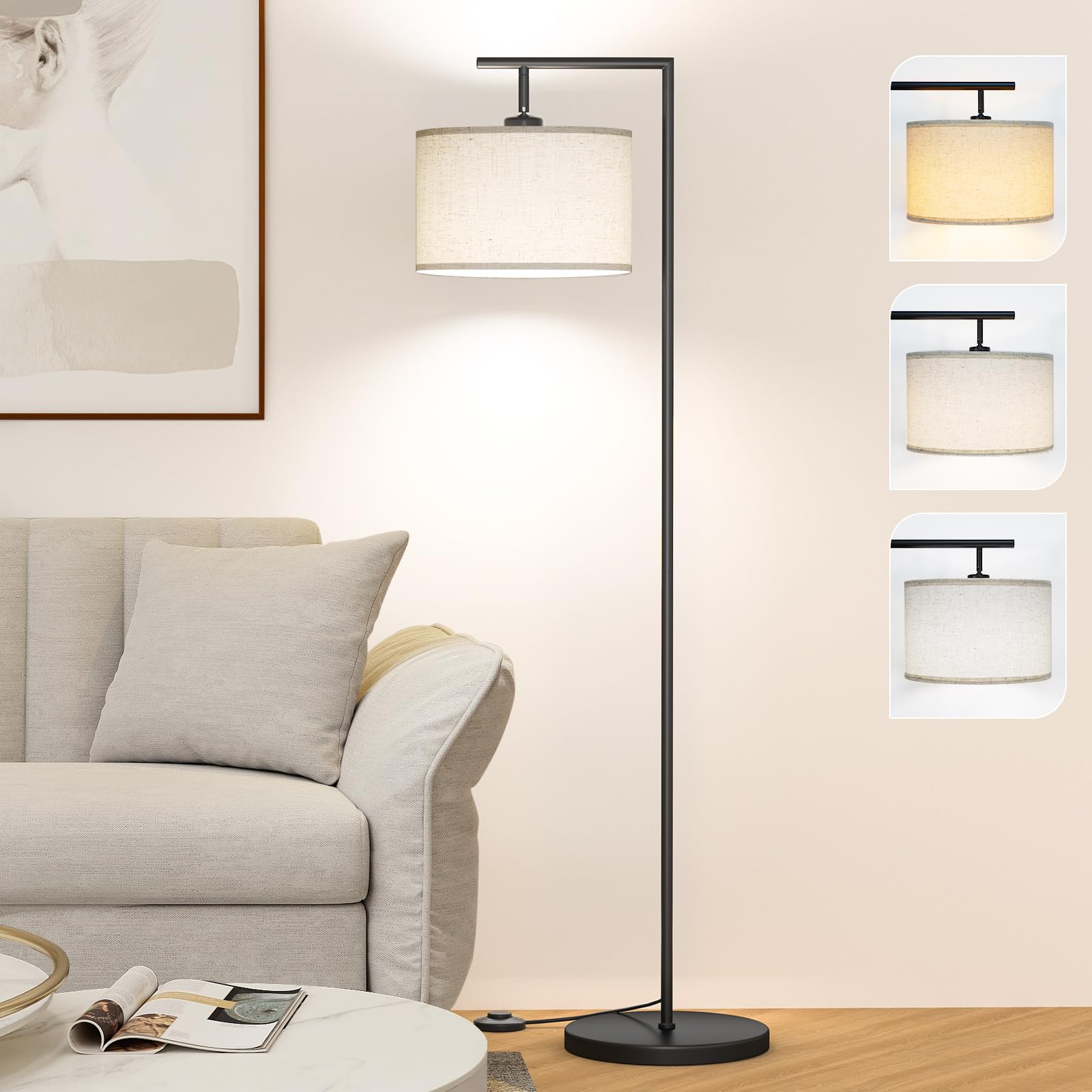 Photo 1 of CNXIN Floor Lamp for Living Room with 3 Color Temperatures Standing Lamp with Adjustable Beige Linen Lampshade Tall Lamps for Bedroom Office Classroom Dorm Room, 9W LED Bulb Included, Black