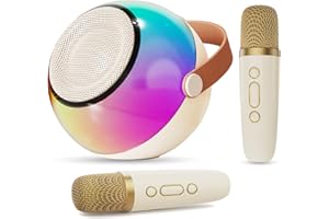 JAUYXIAN Mini Karaoke Machine for Kids Adults, Portable Bluetooth Speaker with 2 Wireless Microphones, Karaoke Toys for Family Party, Birthday Gifts for Girls Ages 4, 5, 6, 7, 8, 9, 10, 12+ (Beige, 2 Mics)