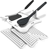 Blue Bosti Nottadrip Silicone Spoon Rest for Stove Top - Kitchen Spoon Rest for Countertop, Ladle Holder, All in 1 Serving Station, Elevate Handles, Drip to Tray, Mess Free - 5PC Trivet Set - White