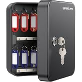 Uniclife 20 Position Key Cabinet with Key Lock Wall Mounted Black Security Storage Box Steel Key Organizer with Colorful Key Tag Labels Stickers and Hooks