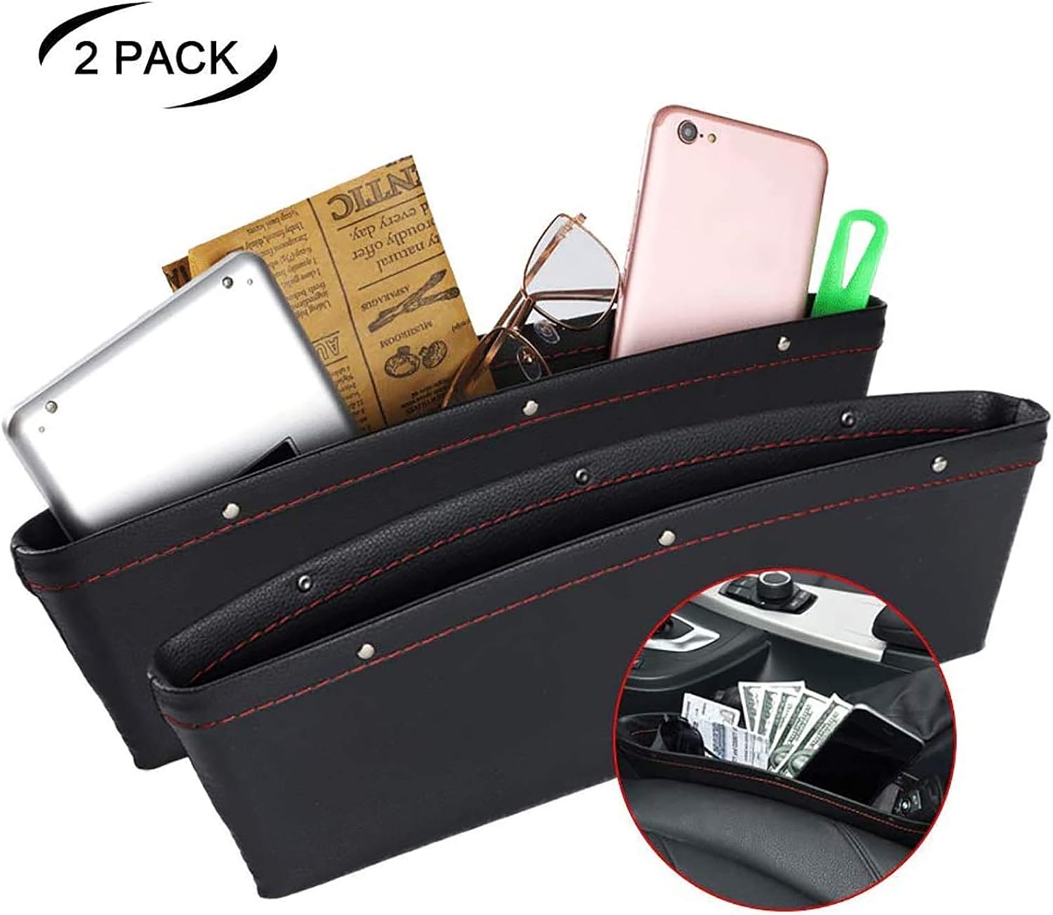 JYSW Car Gap Filler, 2 Pack Leather Car Seat Organizer Gap Pocket Car Seat Storage Box for Holding Phone, Sunglasses, Keys, Black: Automotive