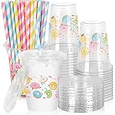 JarThenaAMCS 50Pcs Donut Plastic Cups with Lids and Straws 12oz Summer Colorful Donut Theme Clear Disposable Cups for Sweet One Birthday Baby Shower Party Holiday Supplies