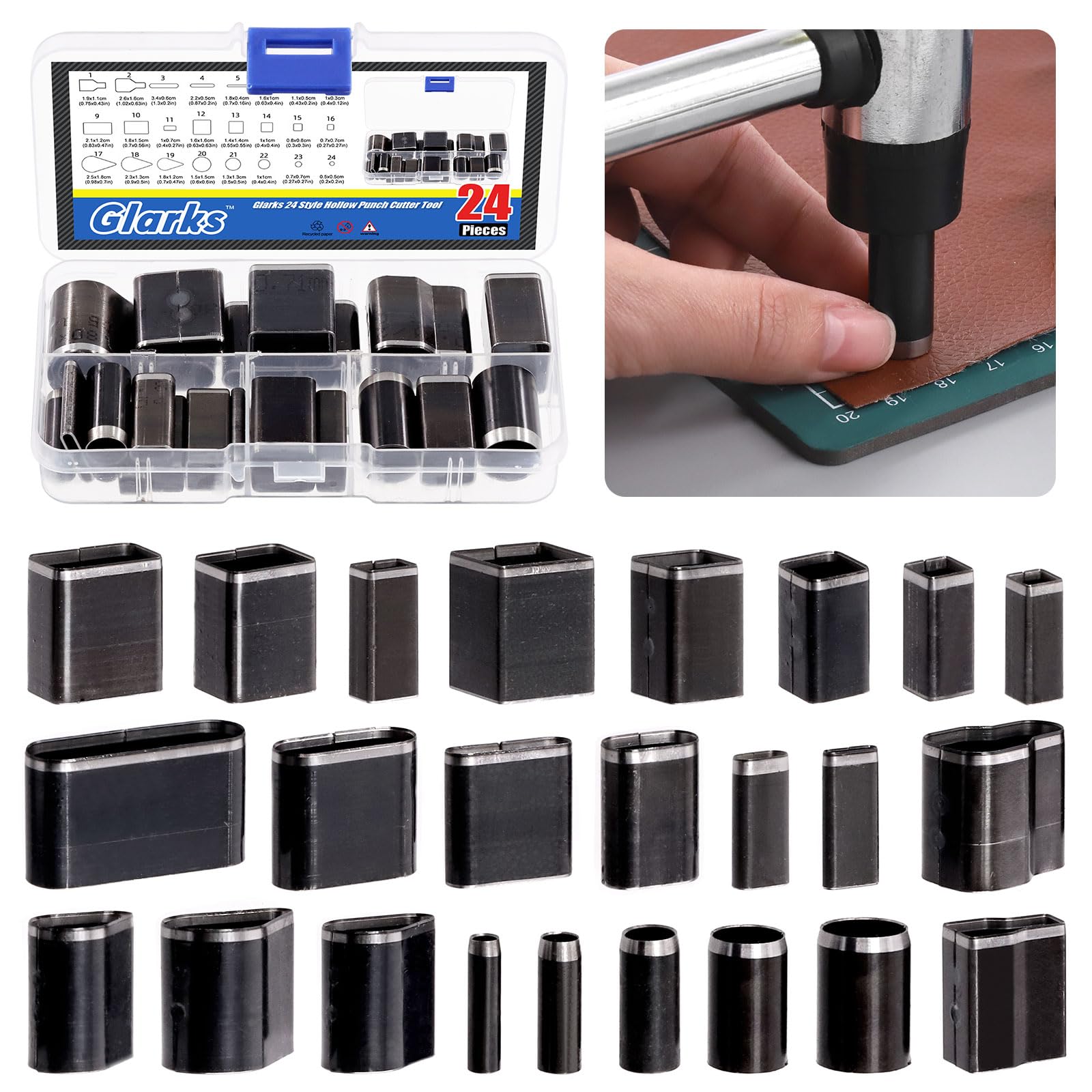 Glarks 24Pcs Hollow Punch Cutter Tool, Multiple Shapes Leather Punch Tool, Alloy Steel One Hole Leather Cutting Tools, Leather Craft Tool Kit for Handmade DIY Leather Crafts