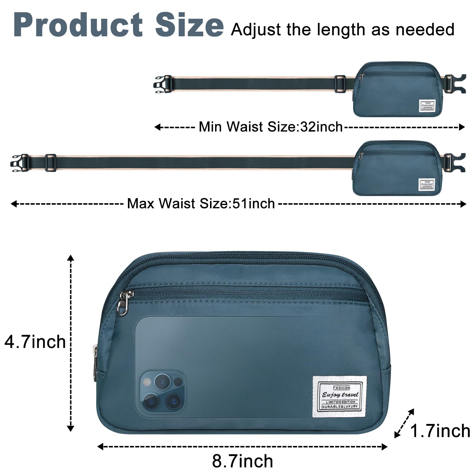 DMLuna Small Crossbody Bags for Women Trendy, Lightweight Fanny Pack for Women & Men, Mini Belt Bag, Waist Bag with Adjustable Strap for Running Workout Traveling, Peacock Blue