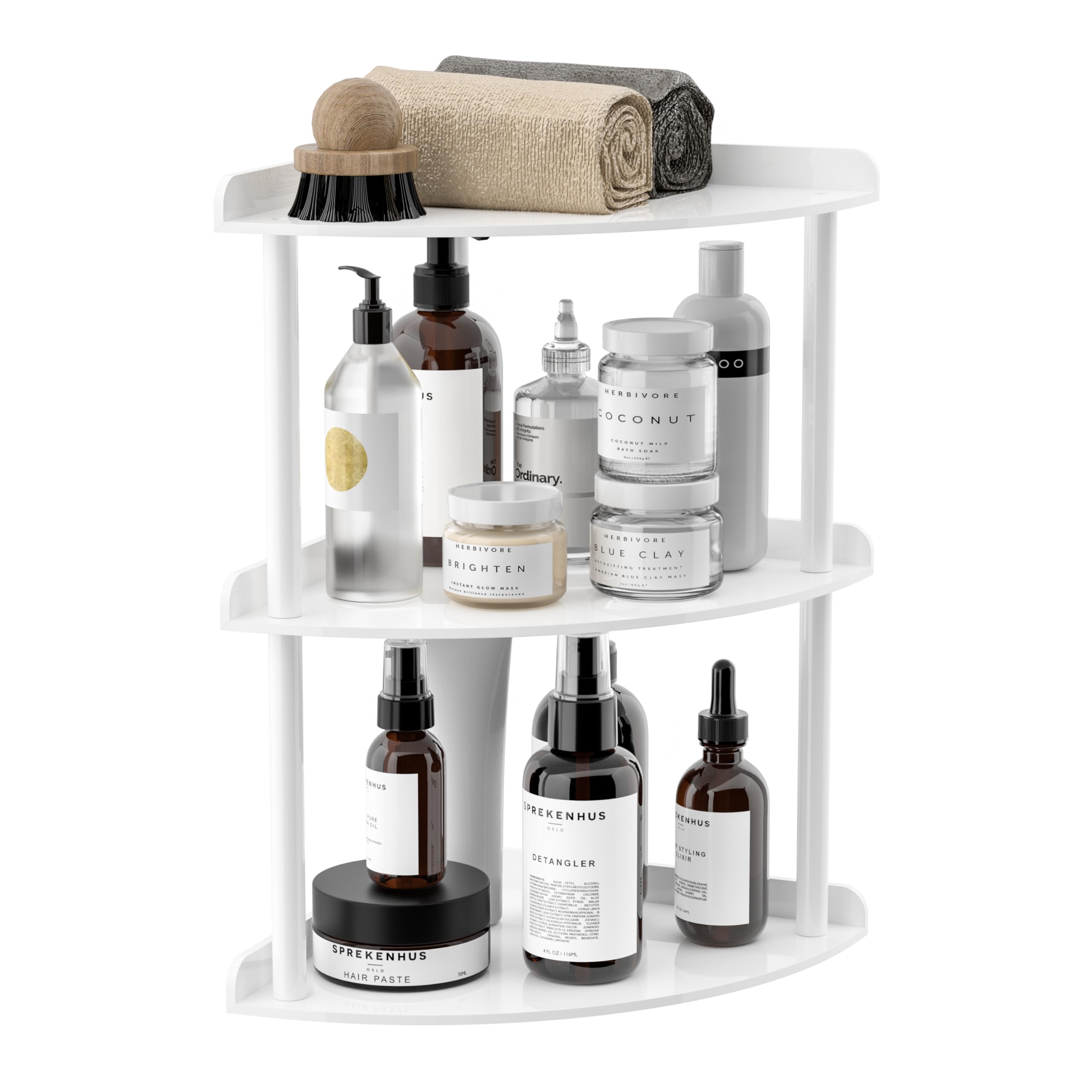 Sezanrpt 3 Tier Acrylic Corner Shelf Organizer Storage 9.5x9.5x15.7 Inch, White Countertop Corner Shelf for Bathroom, Kitchen, Bedroom, Office, Study Room
